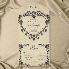 Invitación Todo En Uno Gothic Black Tan Parchment Filigree Heart Wedding