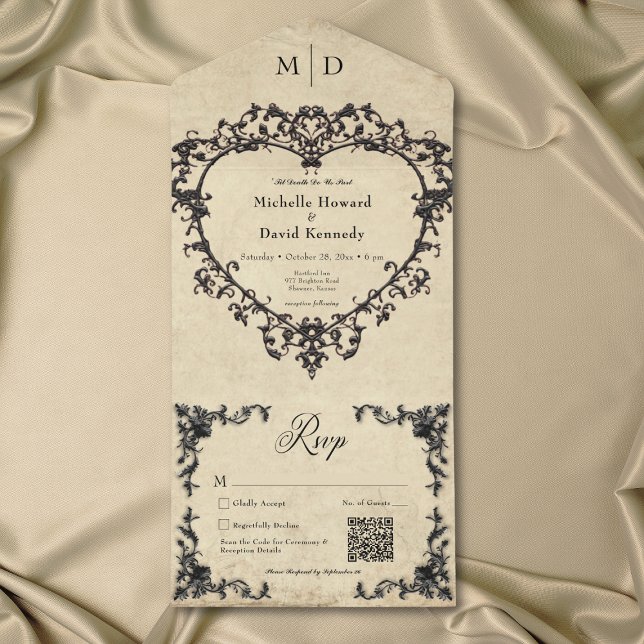 Invitación Todo En Uno Gothic Black Tan Parchment Filigree Heart Wedding (Gothic Black Tan Parchment Filigree Heart Wedding All In One Invitation)