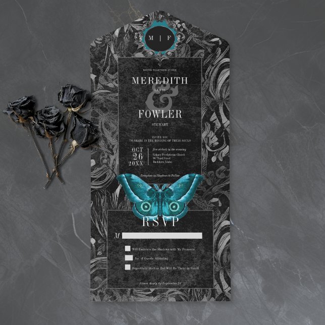 Invitación Todo En Uno Gothic Black Teal Filigree Moth No Dinner Wedding (Subido por el creador)