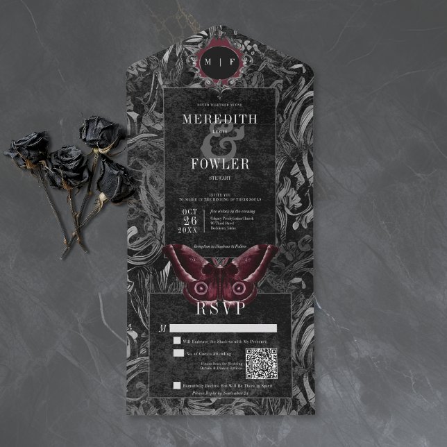 Invitación Todo En Uno Gothic Black Wine Filigree Moth QR Code Wedding (Subido por el creador)