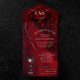 Invitación Todo En Uno Gothic Luxe | Boda de goteo de sangre negra y roja