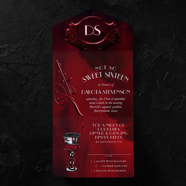 Invitación Todo En Uno Gothic Luxe | Dulce negro y rojo de sangre Diecisé (Subido por el creador)