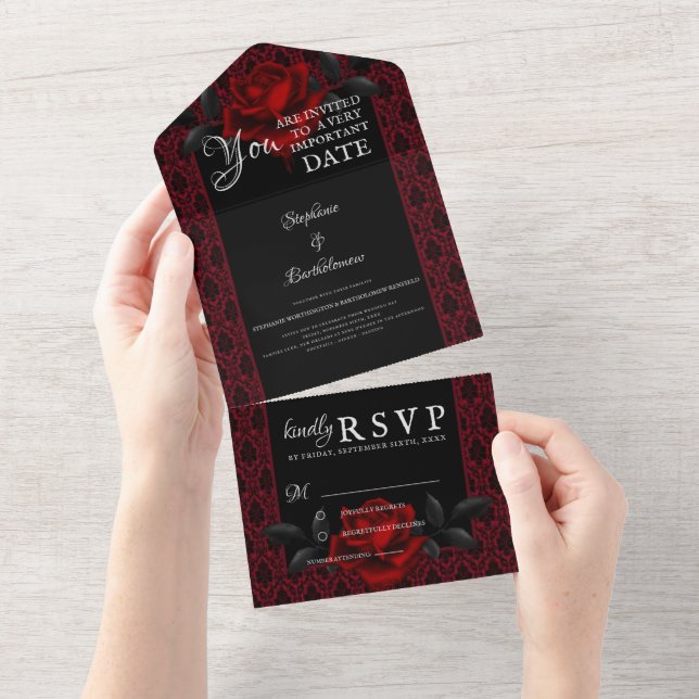 Invitación Todo En Uno Gothic Red Damask Rose Wedding (desgarro)
