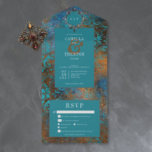 Invitación Todo En Uno Gótico Antiguo Damasco Dorado Azul Turquesa Cena B