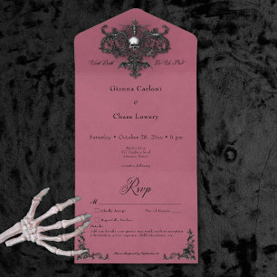 Invitación Todo En Uno Gótico Black Burgundy Halloween Filigree No Dinner