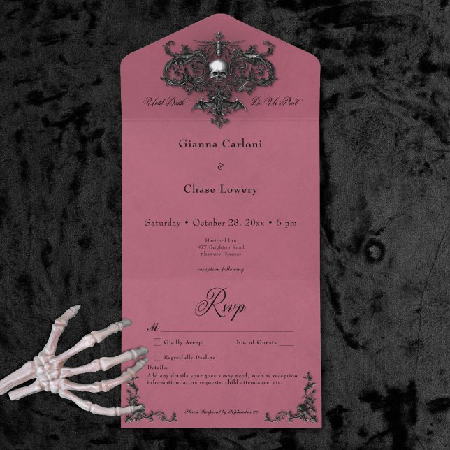 Invitación Todo En Uno Gótico Black Burgundy Halloween Filigree No Dinner (Gothic Black Burgundy Halloween Filigree No Dinner All In One Invitation)