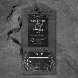 Invitación Todo En Uno Gótico Cuervo Negro Rosa Negra Sin Cena con Detall