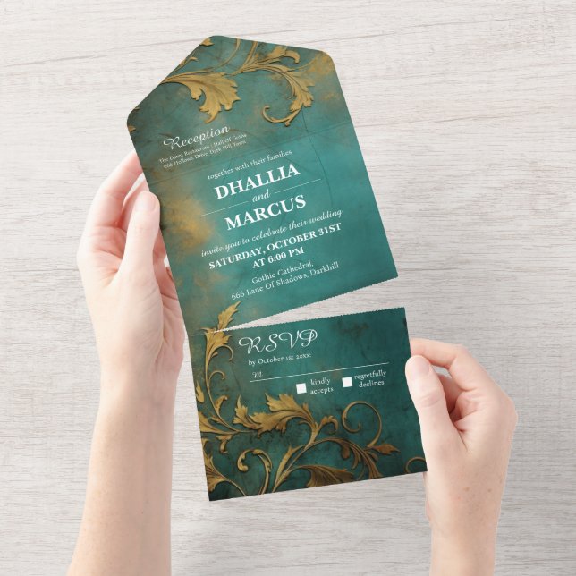Invitación Todo En Uno Gótico Floral Verde azulado Y Oro (desgarro)