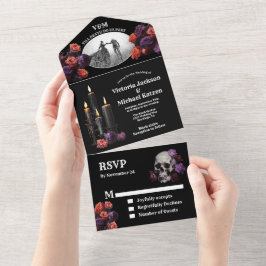 Invitación Todo En Uno Gótico Halloween Boda floral negra foto