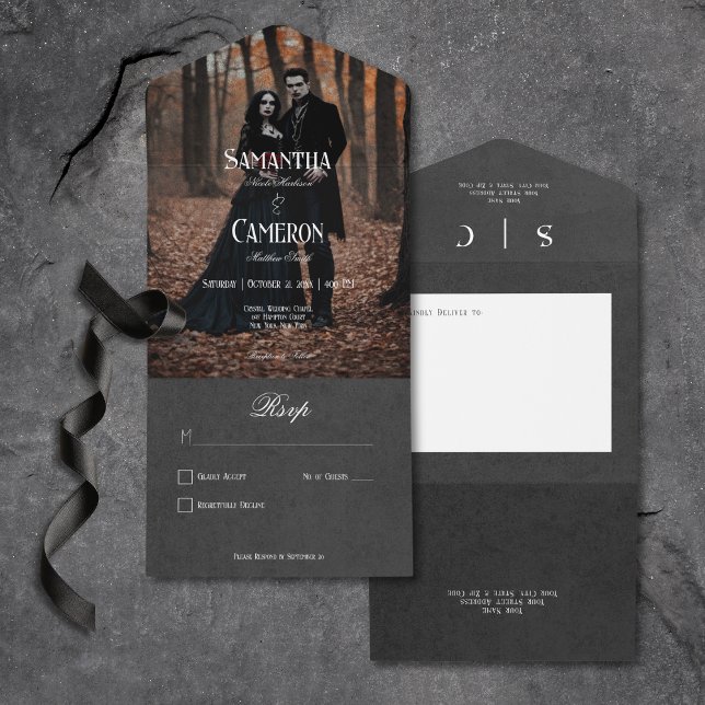 Invitación Todo En Uno Gótico Moody Black Elegant Foto Sin Cena (Gothic Moody Black Elegant Photo All In One Wedding Invitation without Dinner Options)