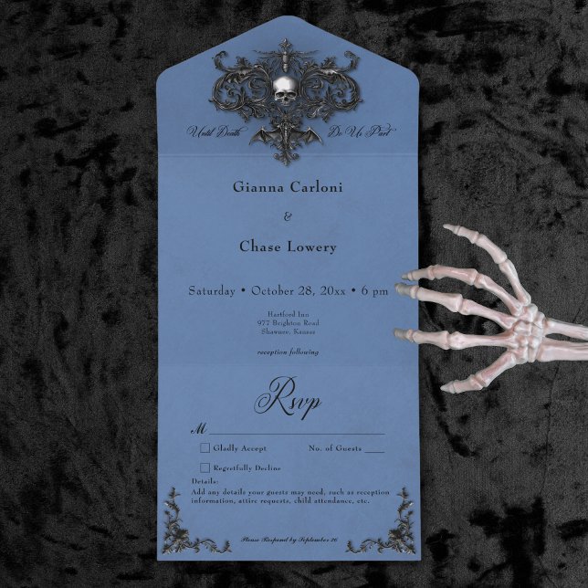 Invitación Todo En Uno Gótico Negro y Azul Filigrana de Halloween Sin Cen (Gothic Black & Blue Halloween Filigree No Dinner All In One Invitation)