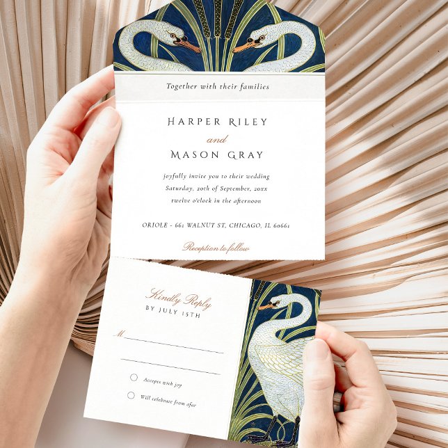 Invitación Todo En Uno Graceful Art Deco Swan All-in-One Tear-Away RSVP (Subido por el creador)