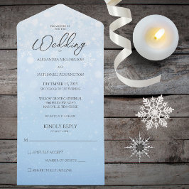 Invitación Todo En Uno Gradiente azul con copos de nieve blancos