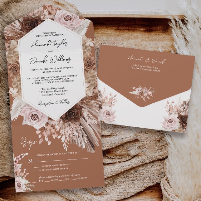 Invitación Todo En Uno Grado Boho Terracotta Pampas con Boda RSVP (Subido por el creador)