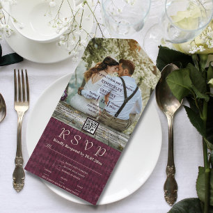 Invitación Todo En Uno Gran foto Burgundy Patrón de diamante QR Código