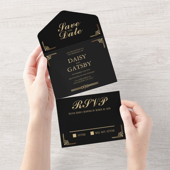 Invitación Todo En Uno Gran Gatsby Guardar la Fecha RSVP (desgarro)