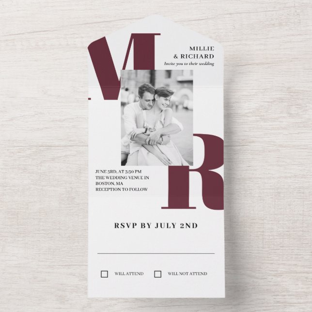 Invitación Todo En Uno Gran Marsala Iniciales Typografía Boda de fotograf (Interior)