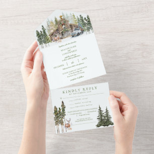 Invitación Todo En Uno Granero invernal y rústico en los bosques, todo en