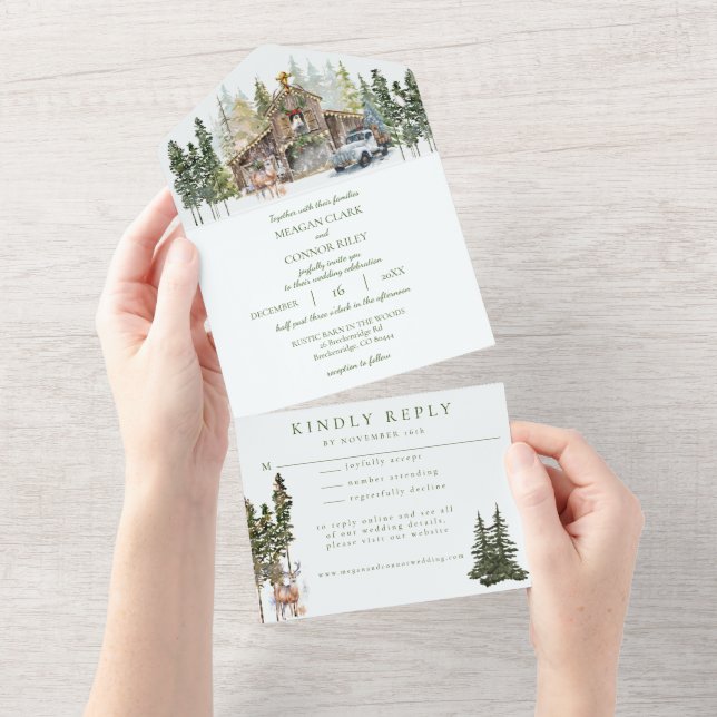 Invitación Todo En Uno Granero invernal y rústico en los bosques, todo en (desgarro)