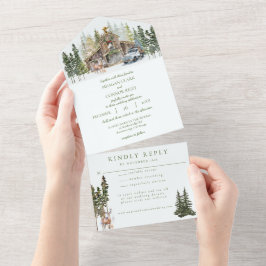 Invitación Todo En Uno Granero invernal y rústico en los bosques, todo en