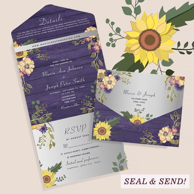 Invitación Todo En Uno Granja Morada Rústica Boda de Girasoles (Subido por el creador)