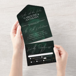 Invitación Todo En Uno Green Black Watercolor Magic Gold Boda
