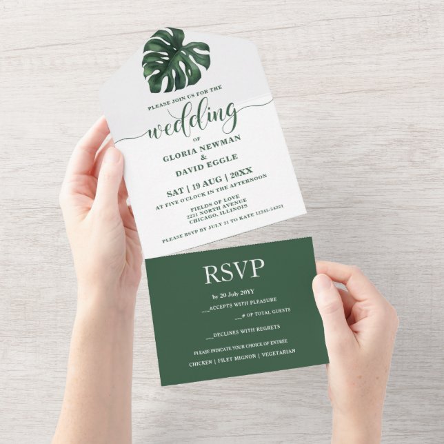 Invitación Todo En Uno Green Monstera Leaf All in One Wedding Invite (desgarro)