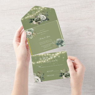 Invitación Todo En Uno Green White Peony Lights Boda