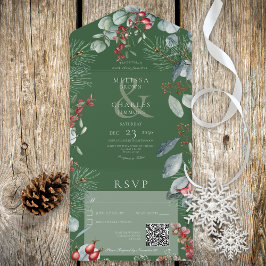 Invitación Todo En Uno Green Winter Pine Berries Eucalyptus QR Code