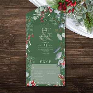Invitación Todo En Uno Green Winter Pine Berries Eucalyptus Tres Cenas