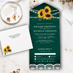 Invitación Todo En Uno Green Wood Lace String Lights Sunflower Boda