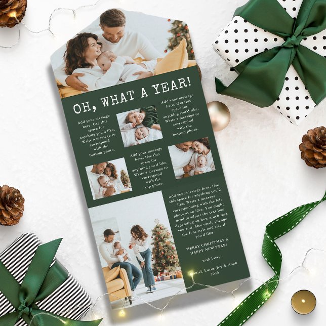 Invitación Todo En Uno Green Year In Review Trifold Cards (Green Year in Review Trifold Photo Collage Christmas New Year Holiday Card)