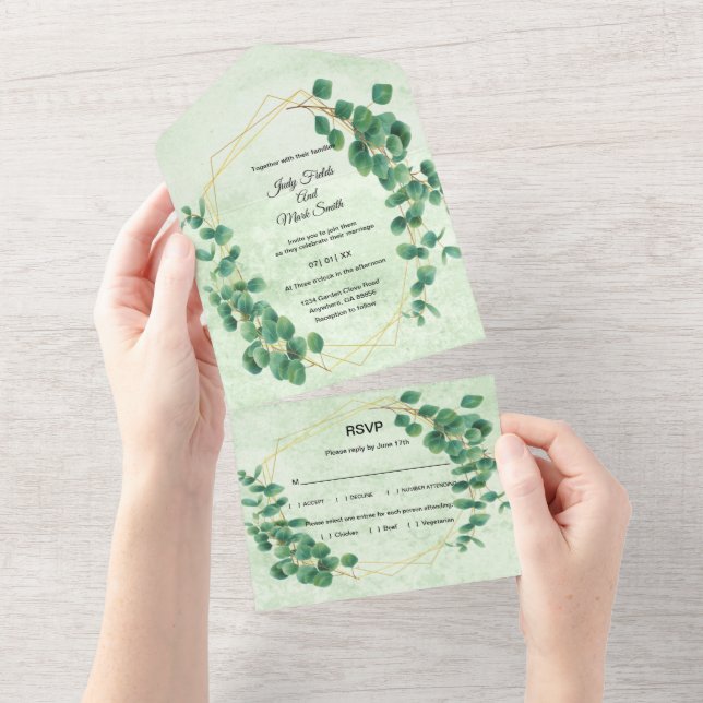 Invitación Todo En Uno Greeneración geométrica Eucalyptus deja Boda (desgarro)