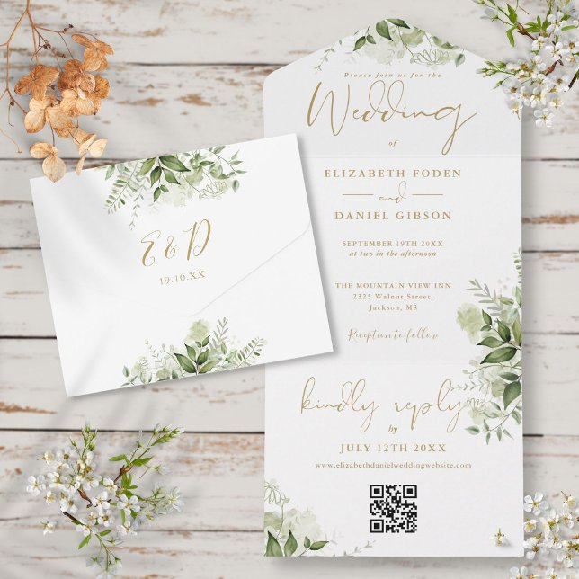 Invitación Todo En Uno Greeneration Floral QR Code Gold Monograma Boda (Greenery Floral QR Code Gold Monogram Wedding All In One Invitation)