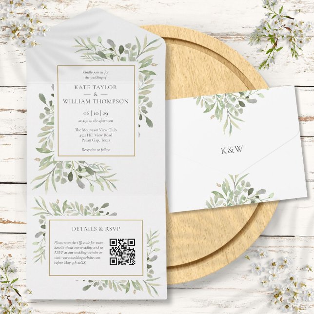 Invitación Todo En Uno Greeneration Floral QR Code Monograma Boda (Greenery Floral QR Code Monogram Wedding All In One Invitation)