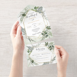 Invitación Todo En Uno Greenery boho gold watercolour geometric wedding
