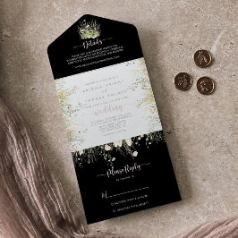 Invitación Todo En Uno Greenery Boho Wildflower Boda negro