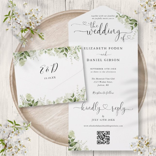 Invitación Todo En Uno Greenery Elegant Script Hearts QR Code Boda (Greenery Elegant Script Hearts QR Code Wedding All In One Invitation)