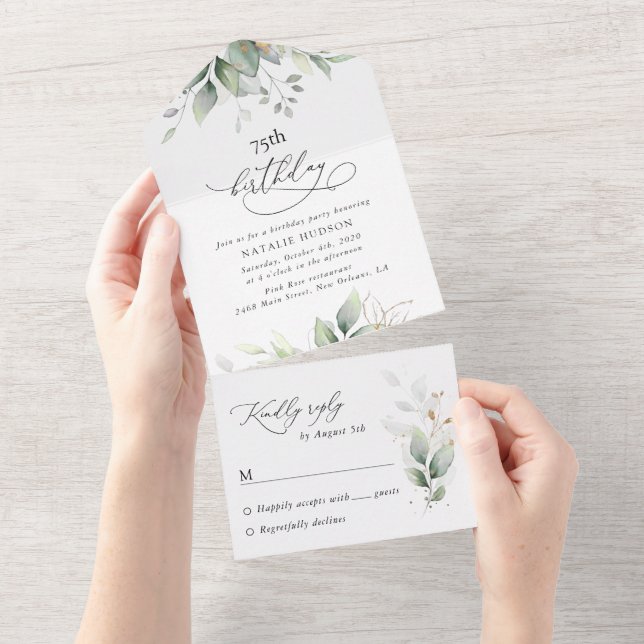 Invitación Todo En Uno Greenery, Eucalyptus Leaves, Boho, Birthday (desgarro)