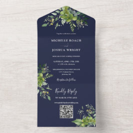 Invitación Todo En Uno Greenery Floral Código QR Boda azul de la Marina m