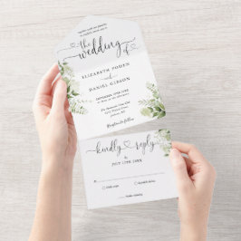Invitación Todo En Uno Greenery Floral Script Corazones Boda Minimalista