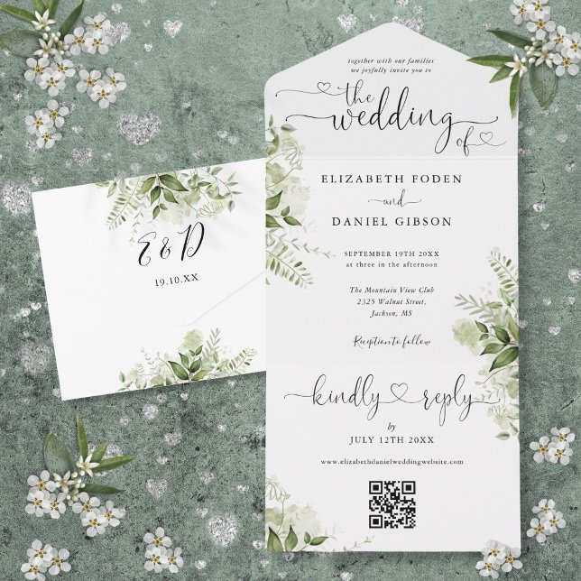 Invitación Todo En Uno Greenery Floral Script Hearts QR Code Boda (Greenery Floral Script Hearts QR Code Wedding All In One Invitation)