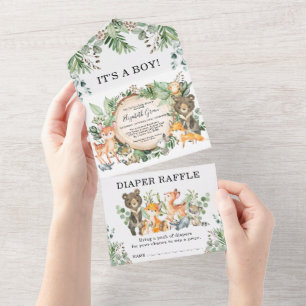 Invitación Todo En Uno Greenery Forest Woodland Animals Baby Shower