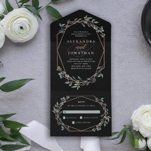 Invitación Todo En Uno Greenery Geo Black   Rosa Boda de oro
