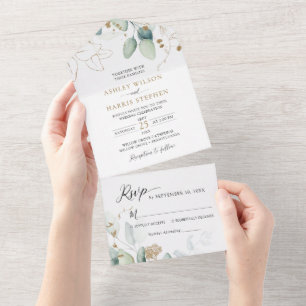 Invitación Todo En Uno Greenery Gold Eucalyptus Rustic Boda
