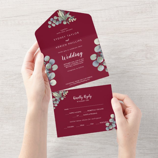 Invitación Todo En Uno Greenery Winter Eucalyptus Burgundy Boda (desgarro)