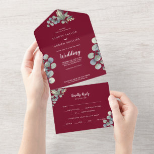 Invitación Todo En Uno Greenery Winter Eucalyptus Burgundy Boda