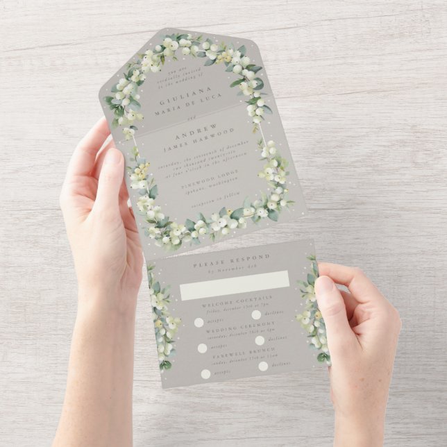 Invitación Todo En Uno Greige Snowberry + Boda Eucalyptus Multi Event (desgarro)