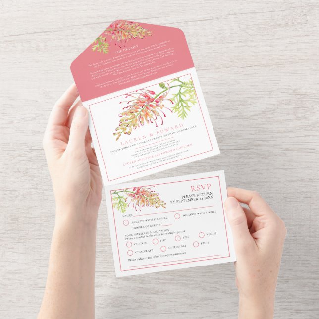 Invitación Todo En Uno Grevillea acuarela boda floral detalles RSVP (desgarro)
