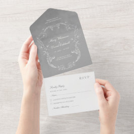 Invitación Todo En Uno Grey Velvet Elegant Baroque Frame Wedding